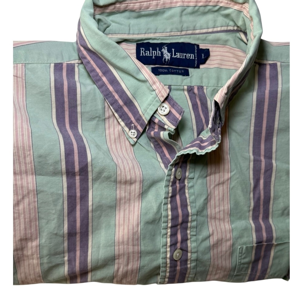Ralph Lauren Vintage Striped Button Down Shirt Men's L Long Sleeve Pastel Cotton